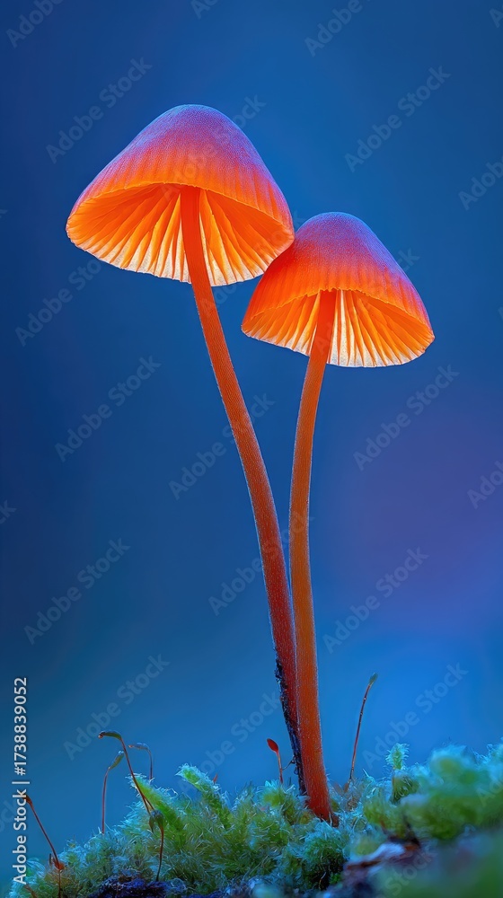 Fototapeta premium Two glowing orange mushrooms stand tall, caps lit, against a blurred blue backdrop