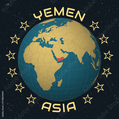 Yemen on Globe. Country name round text. Vintage look with grunge scratched texture. Country view on world map in Sky Blue Light Yellow color palette. Yemen shape on map. Artistic vector illustration.