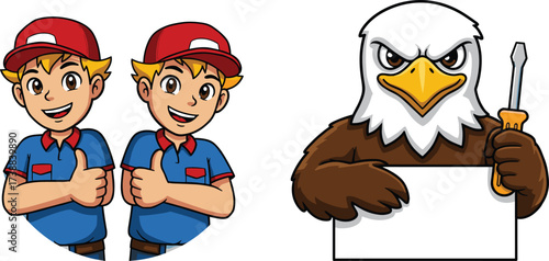Cartoon delivery boy, service mascot, eagle handyman, repair worker, construction tool, business logo, character illustration, thumbs up sign, vector artwork