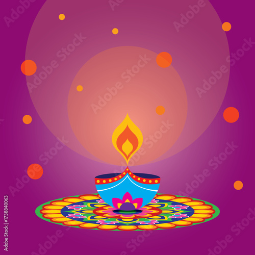 Vector illustration of Diwali Diya Lantern on colourful rangoli design. Festival of Lights