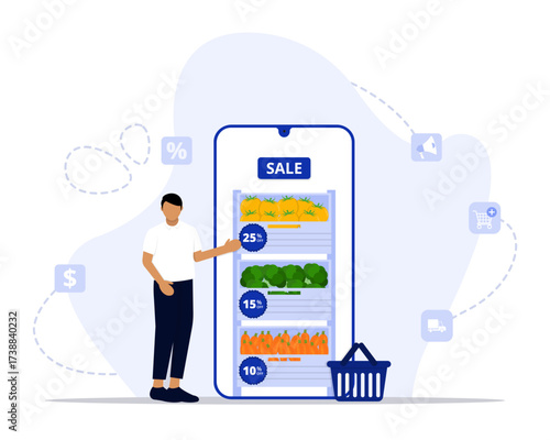 Grocery promotion concept illustration. Suitable for landing page, ui, web, App intro card, editorial, flyer, and banner.