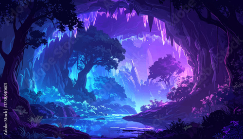 Neon Forest Cave Panorama. Dreamy Blue Purple Glow. Enchanted Tree Cave Scene. Fantasy River Cave Artwork. Magical Night Forest Light. Surreal Mystic Nature View