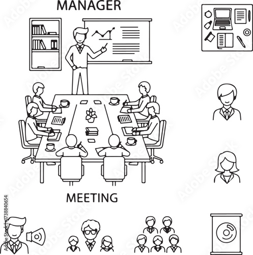 Business meeting with manager presenting chart and team around table with icons Keywords: business