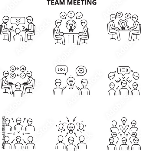 Diverse team meeting icons showing collaboration and idea generation on white Keywords: meeting, team