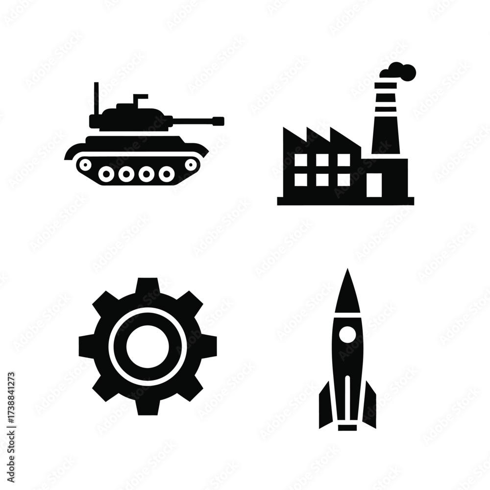 Obraz premium Set of four iconic black silhouette icons representing industry and warfare a military tank, a factory with smoke, a gear cog, and a rocket, on a clean white background.