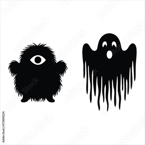 Two cute cartoon monster and ghost silhouettes isolated on white background
