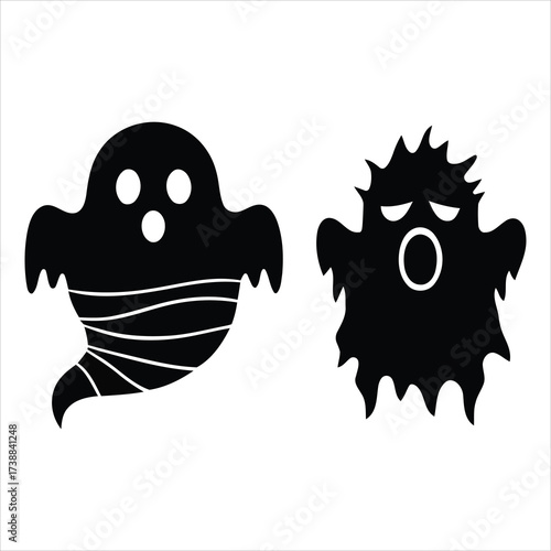 Two cartoon ghosts in silhouette style isolated on white background for halloween