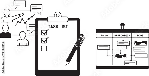 Project planning task list and kanban board with discussion icons Keywords: project, planning, task, list