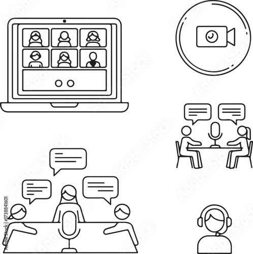 Video conference and communication icons line art collection online meeting technology