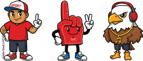 Cartoon illustration of sporty boy character, foam finger mascot, and cool eagle wearing headphones, sports fan vector design characters