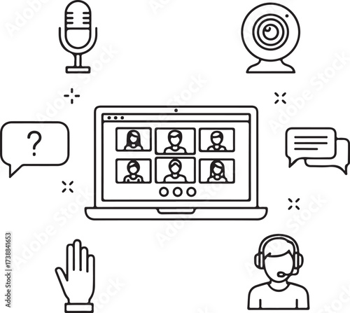 Video conference and online meeting icons line art collection communication technology