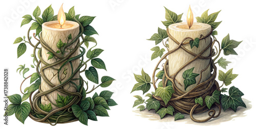 Enchanting ivory candles embraced by winding ivy, casting a serene and natural glow, perfect for adding a touch of rustic charm to any occasion