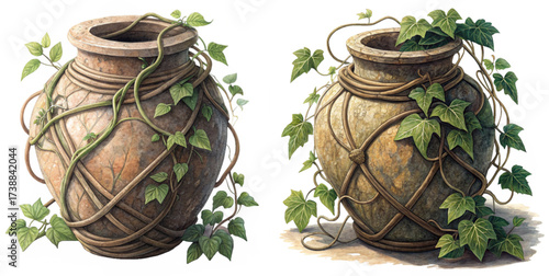 Rustic charm featuring aged stone pots entwined with vibrant ivy, perfect for adding a touch of nature and history to any design project with a natural elegance