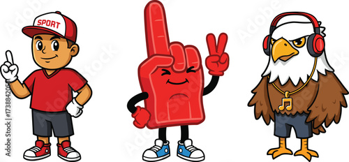 Cartoon illustration of sporty boy character, happy foam finger mascot, and cool bald eagle with headphones, sports fan vector design