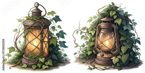 Timeless lantern illuminating lush vines, adding rustic charm to any project, perfect for nature themes and vintage designs, captivating ambiance