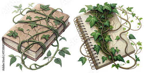 Enchanted botanical journal and book with ivy vines, perfect for fantasy illustrations, nature lovers, and creative writing projects, a captivating still life