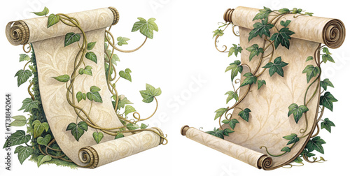 Mystical scroll entwined with ivy vines, evoking ancient secrets, perfect for fantasy games, historical documents, or magical invitations and artistic designs
