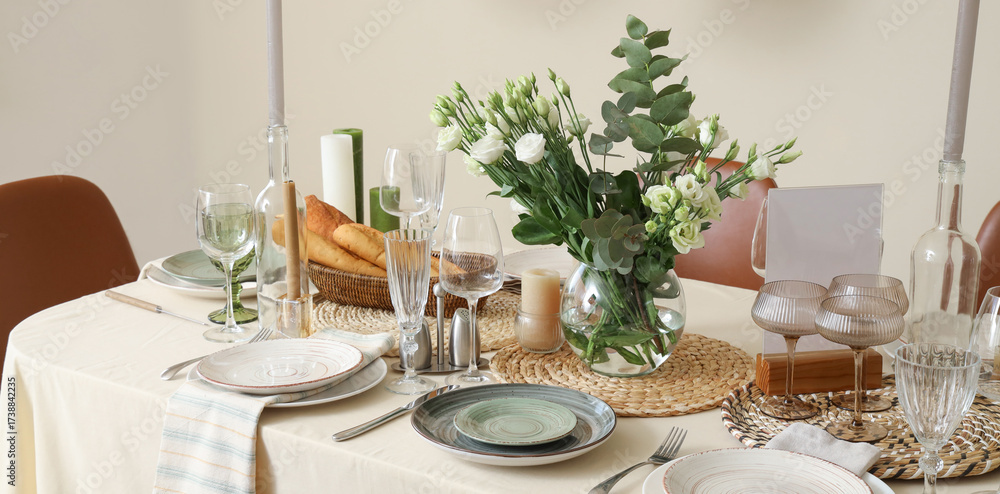 Fototapeta premium Beautiful table setting with eustoma flowers for wedding celebration in room