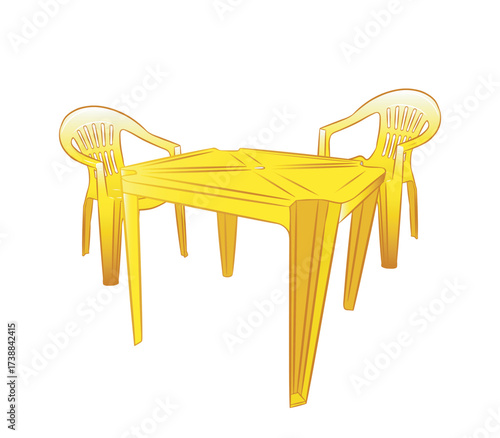 Yellow plastic table and yellow plastic chairs. Isolated on a transparent background.