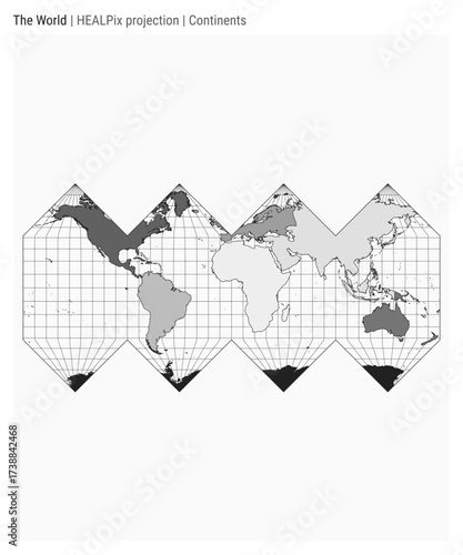 World Map. HEALPix projection. Continents style. High Detail World map for infographics, education, reports, presentations. Vector illustration.