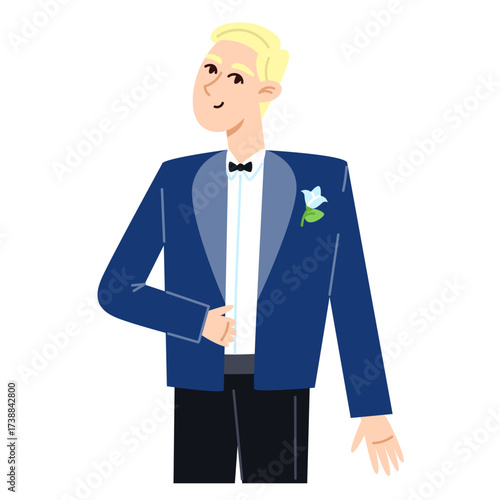 Man in a blue tuxedo with a boutonniere
