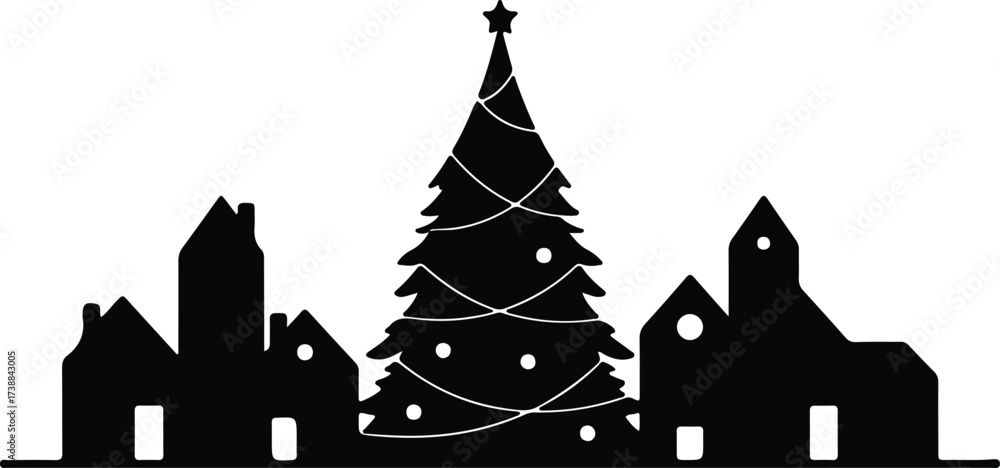 Naklejka premium Vector silhouette Christmas tree town winter holiday season illustration