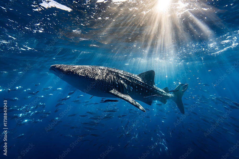 Naklejka premium Sunlight filters through the oceans surface, illuminating a majestic whale shark swimming gracefully, showcasing the beauty and serenity of marine life in its habitat