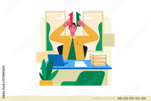 Man in office holds up red and green arrows above his head