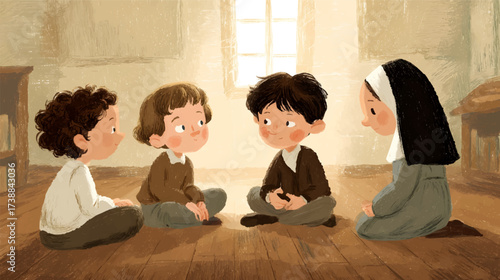 Children and a nun sitting on the floor in a warm, cozy room.