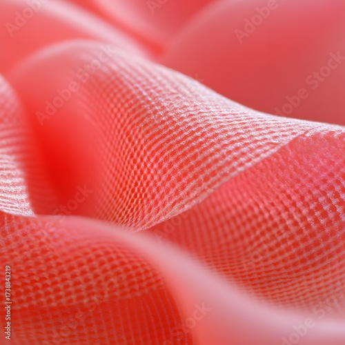 Delicate pink net fabric with soft folds texture background close-up shot