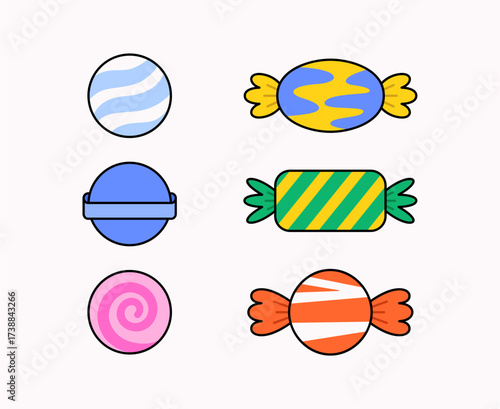 Vector illustration of assorted colorful candy icons including wrapped sweets, striped candies, and lollipops in playful flat design. Perfect for food themes, confectionery branding, kids decorations
