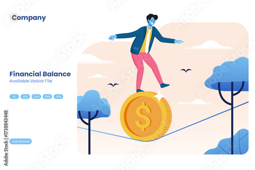 Man balancing on a giant coin on a tightrope