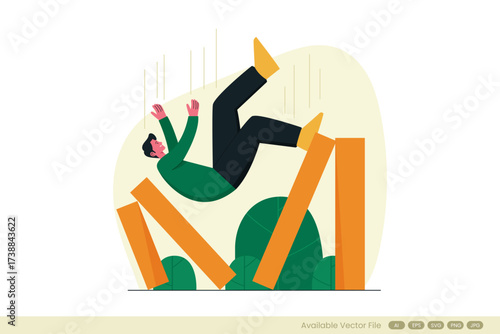Man falling amidst orange blocks and green shapes