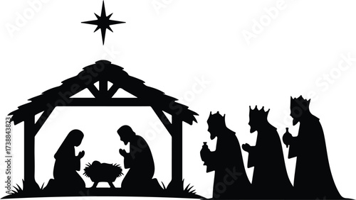Vector silhouette Nativity scene with Mary Joseph and three kings illustration
