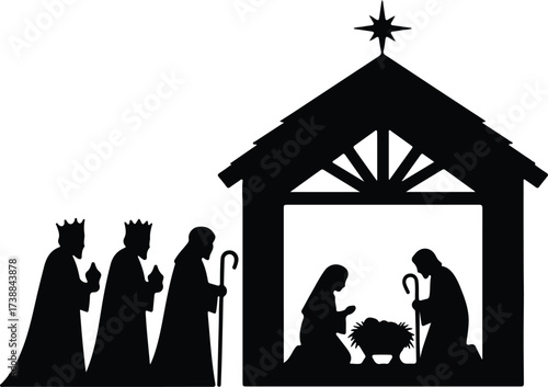 Vector silhouette Nativity scene with Mary Joseph baby Jesus illustration