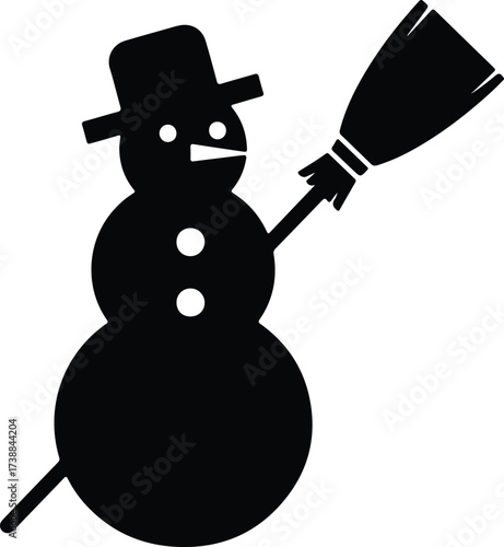 Vector silhouette of a snowman holding a broom illustration