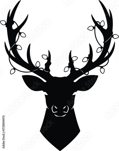 Vector silhouette of deer head with christmas lights illustration