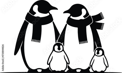 Vector silhouette penguin family wearing scarves winter illustration