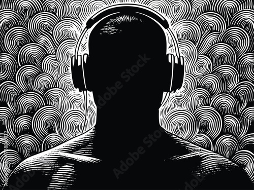 Intense music experience with headphones on, abstract design art for audiophiles, stylish and trendy for music lovers, black and white illustration