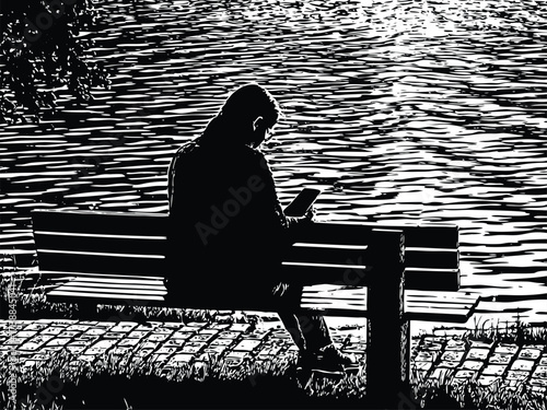 Silhouette of a thoughtful person using a tablet on a park bench near the water, enjoying a moment of peace and contemplation in nature