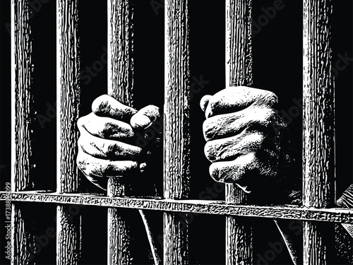 Captivity concept showing hands gripping prison bars, a powerful visual for justice, struggle, and human rights stories with stark monochrome impact