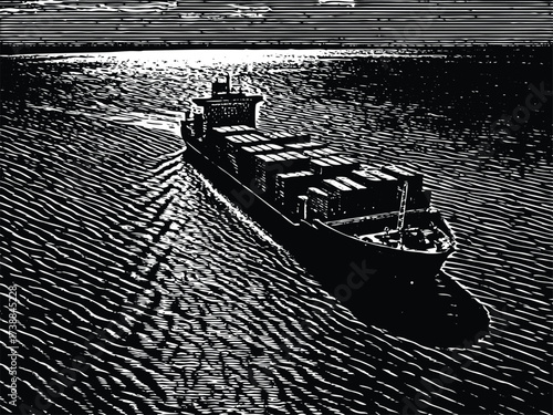 Dramatic cargo ship sails across the open sea under a bright sky, an illustration perfect for maritime industry marketing or global trade visuals
