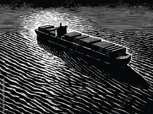 Striking monochrome cargo ship illustration sailing on water, evoking a sense of global trade, maritime transport, and the beauty of shipping industry art