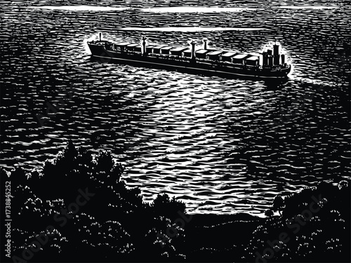 Striking monochrome cargo ship illustration sailing on open water, perfect for maritime industry visuals or transportation themed designs with classic flair