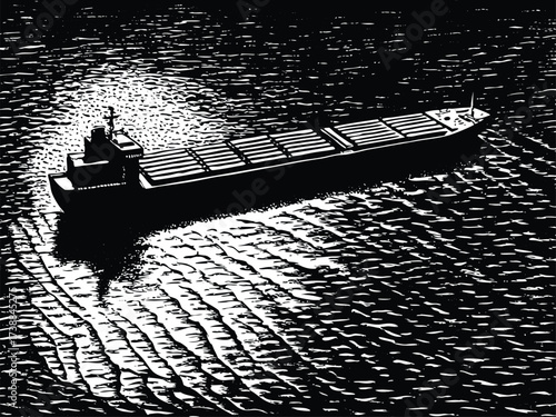Bold cargo ship sailing on the open water, stylized maritime transport illustration for shipping, transport, and global trade themes, conveying power and scale