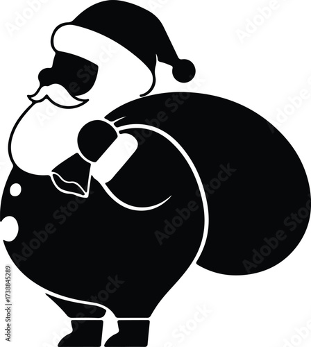 Vector silhouette Santa Claus carrying sack black and white illustration