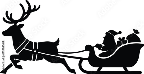 Vector silhouette Santa Claus rides reindeer sleigh delivering gifts illustration
