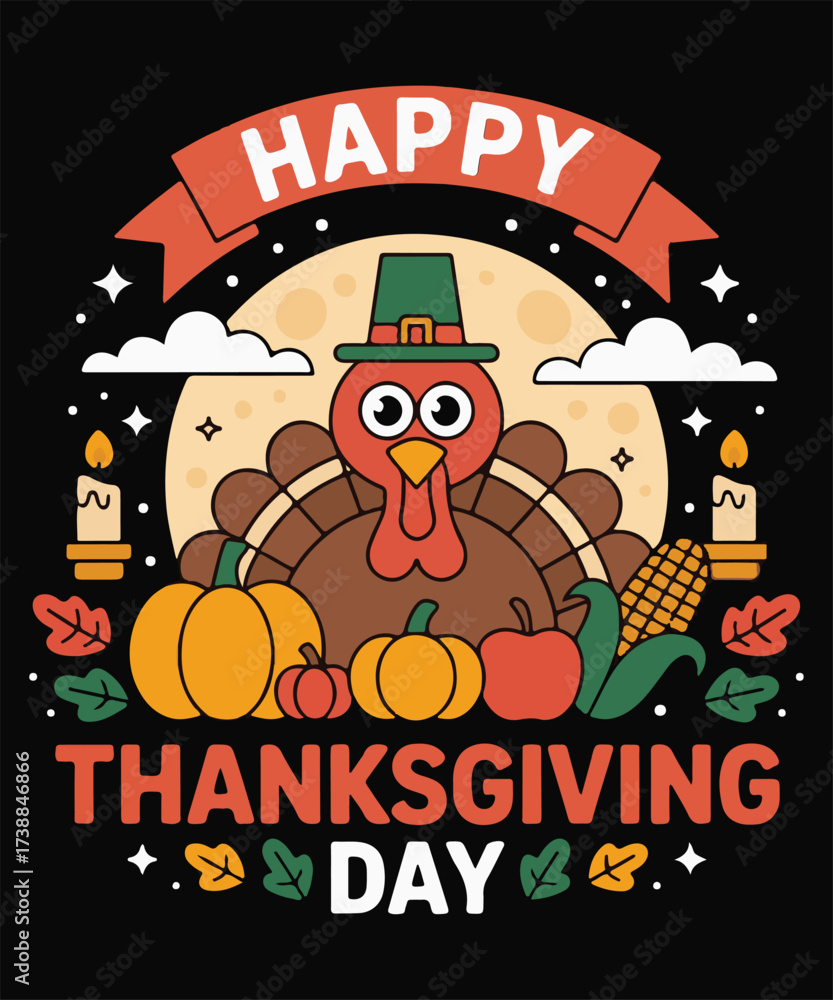 Obraz premium Cartoon Thanksgiving Turkey with Pumpkin, Corn, and Festive Elements on Dark Background Flat Vector T-Shirt Design