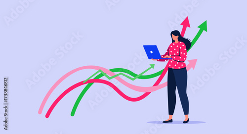 A woman on a laptop analyzing upward trending arrows representing business growth.