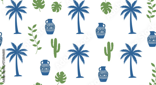 A cheerful seamless pattern featuring blue palm trees green tropical leaves and terracotta pots.